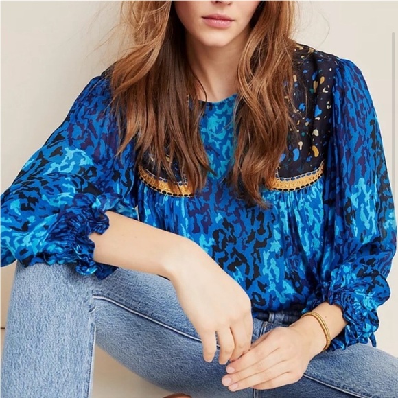 bl^nk bl-nk London Anthropologie Blue Leopard cheetah Miranda Peasant Blouse XS - Picture 2 of 9